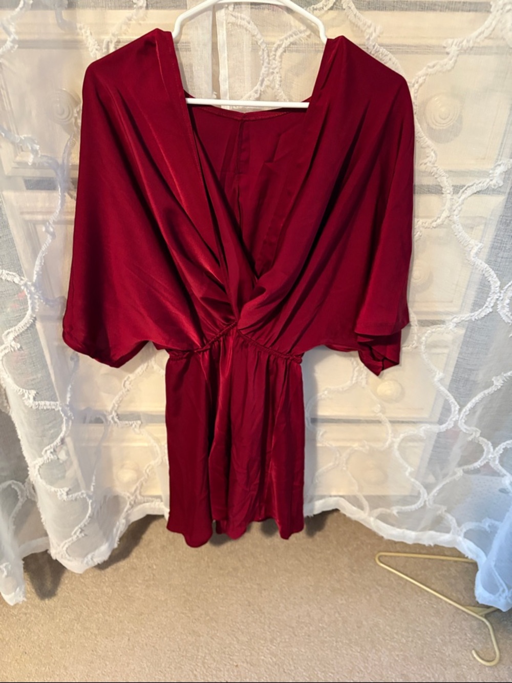 Elegant Draped Satin Romper Dress in Burgundy